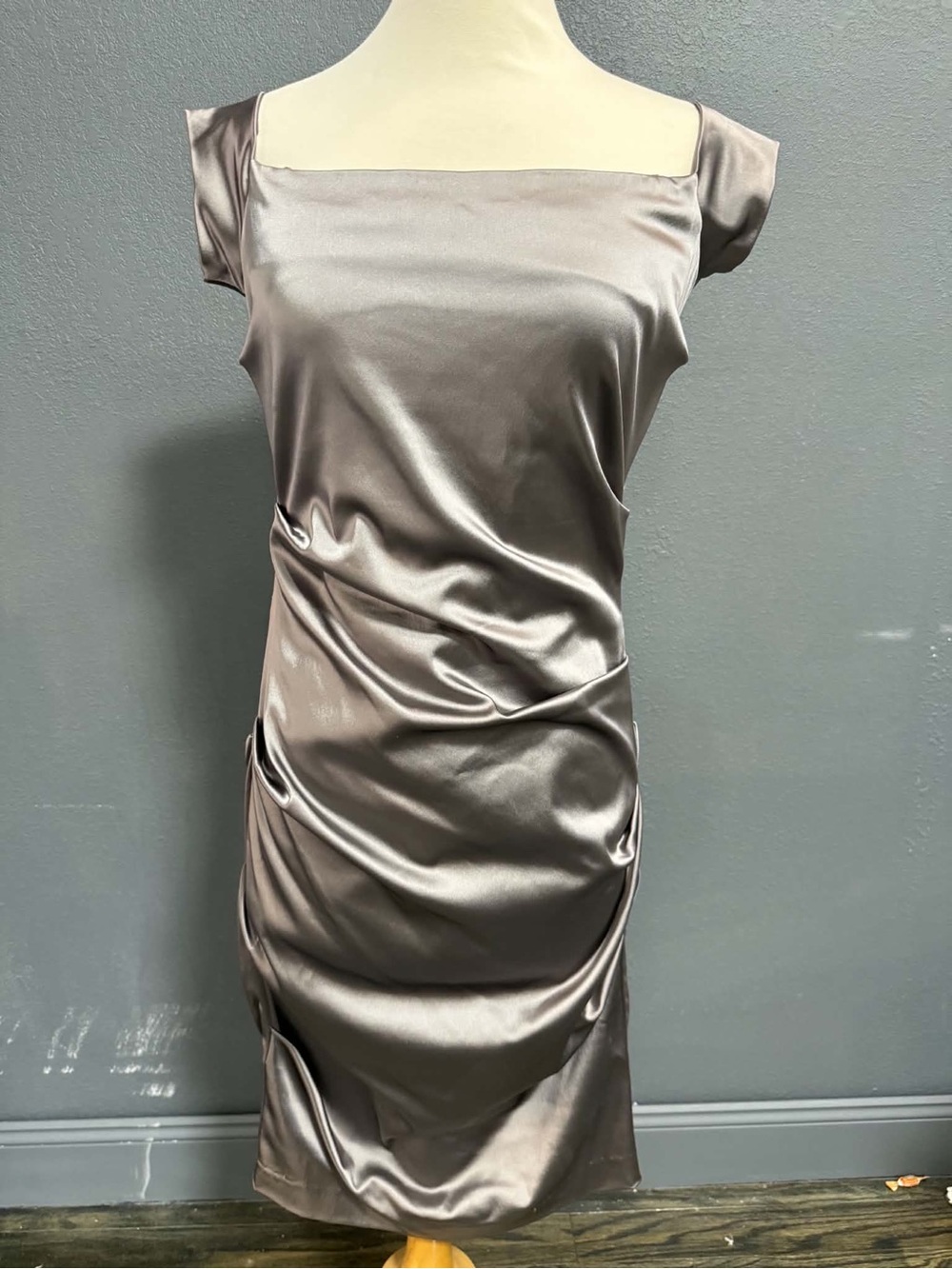 Nicole Satin Square-Neck Midi Dress in Charcoal